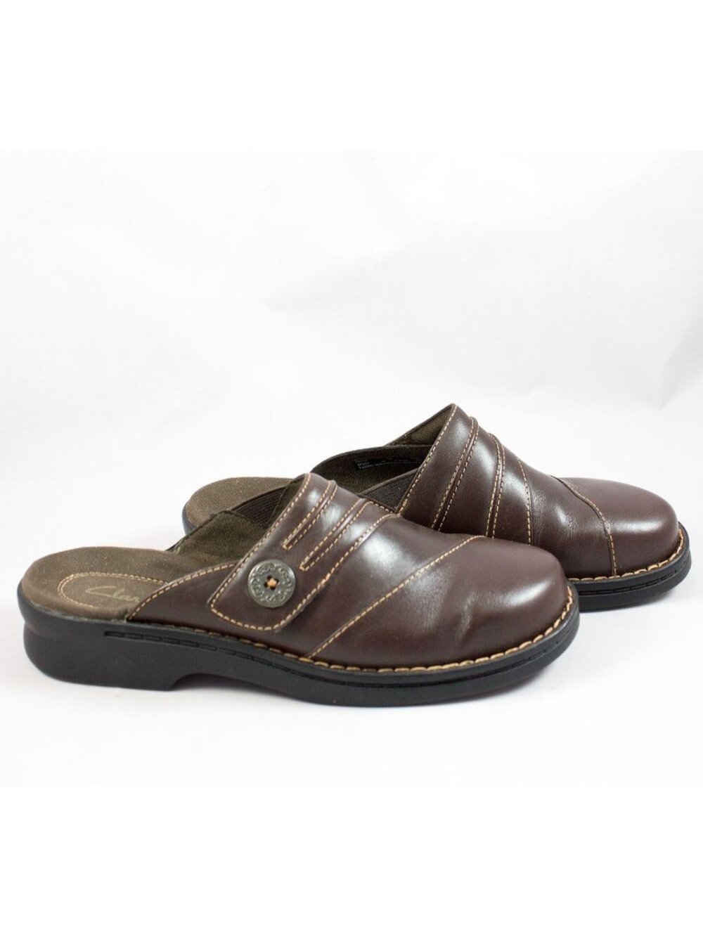 Clarks Womens Patty Beli Brown Leather Slip-On Clogs Mules Size 7M Shoes
